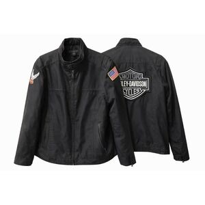 Men's Xl Black Motorcycle Riding Full Zip Jacket Patch USA Flag EUC